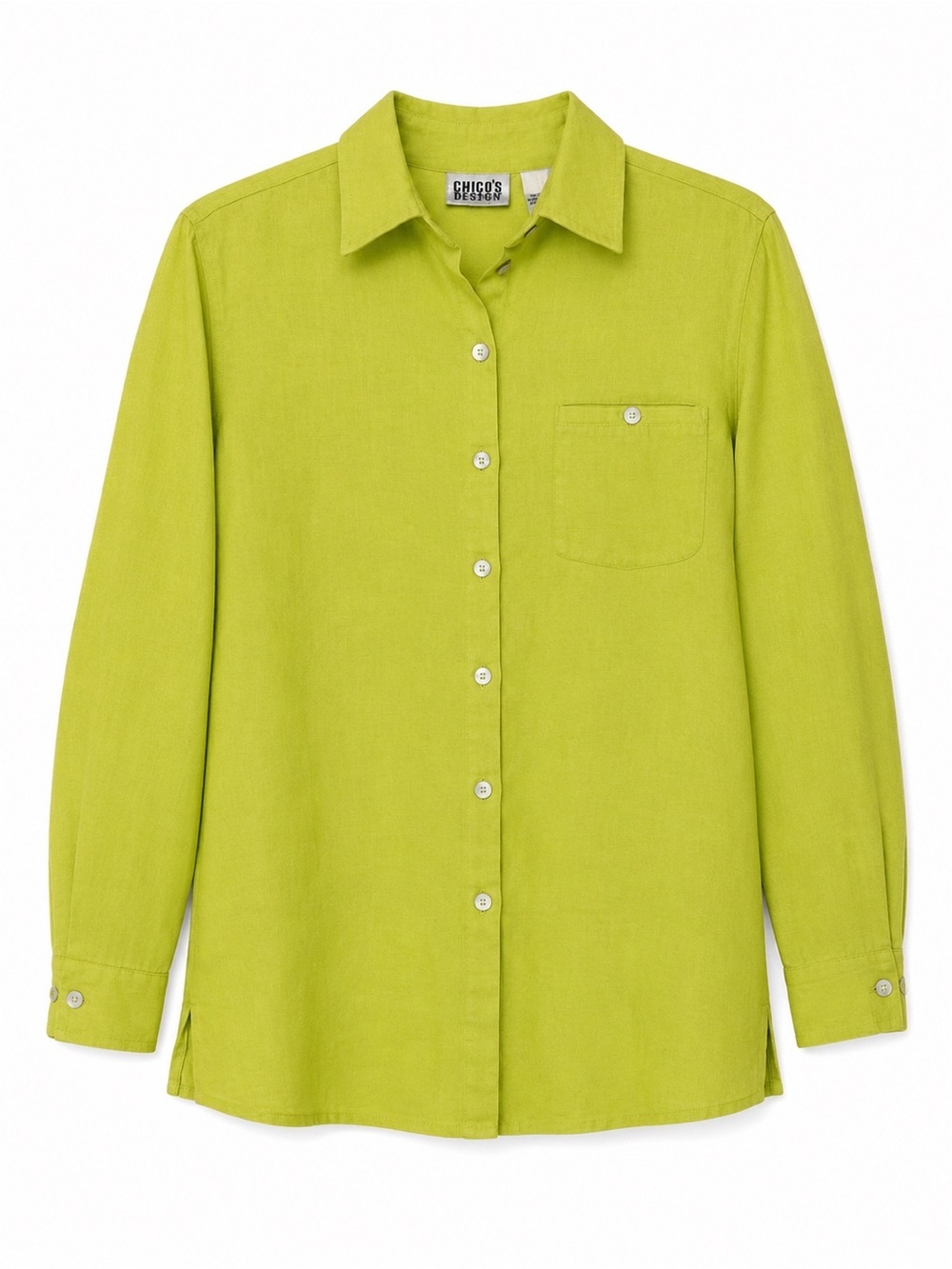 Chico’s Design Linen Button Front Shirt Size 0 Lime Green Mother of Pearl Pocket